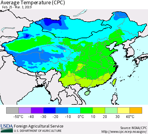 China, Mongolia and Taiwan Average Temperature (CPC) Thematic Map For 2/25/2019 - 3/3/2019