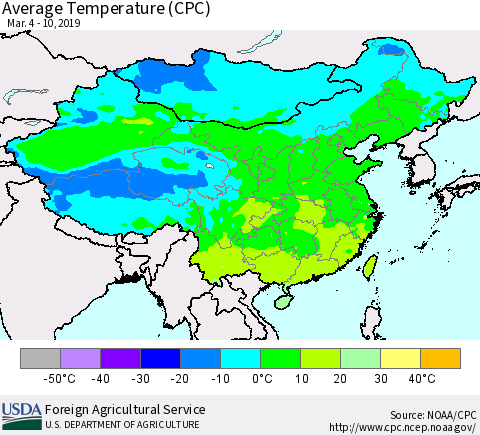 China and Taiwan Average Temperature (CPC) Thematic Map For 3/4/2019 - 3/10/2019