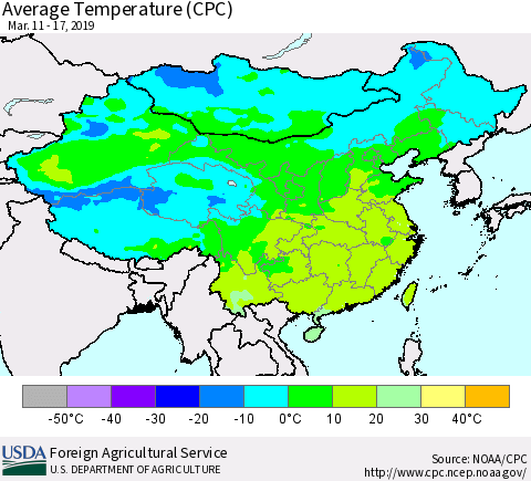 China, Mongolia and Taiwan Average Temperature (CPC) Thematic Map For 3/11/2019 - 3/17/2019