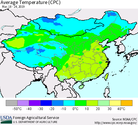 China and Taiwan Average Temperature (CPC) Thematic Map For 3/18/2019 - 3/24/2019