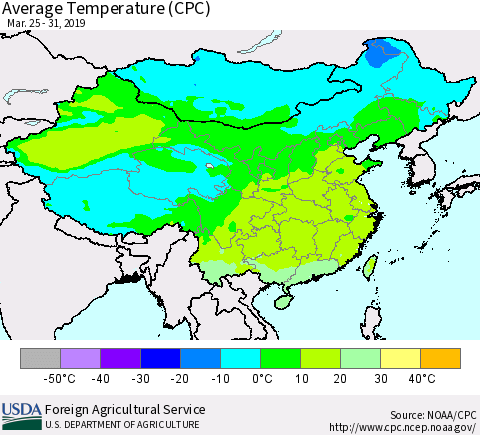 China and Taiwan Average Temperature (CPC) Thematic Map For 3/25/2019 - 3/31/2019