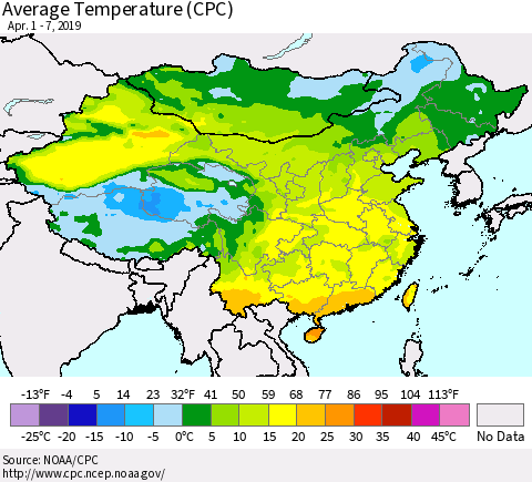 China and Taiwan Average Temperature (CPC) Thematic Map For 4/1/2019 - 4/7/2019