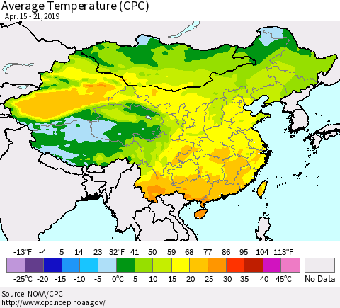 China and Taiwan Average Temperature (CPC) Thematic Map For 4/15/2019 - 4/21/2019