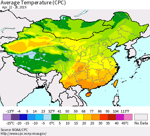 China, Mongolia and Taiwan Average Temperature (CPC) Thematic Map For 4/22/2019 - 4/28/2019