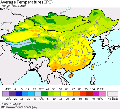 China and Taiwan Average Temperature (CPC) Thematic Map For 4/29/2019 - 5/5/2019