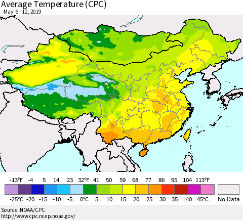 China and Taiwan Average Temperature (CPC) Thematic Map For 5/6/2019 - 5/12/2019