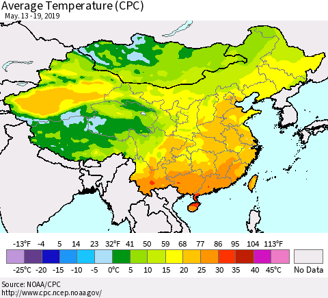 China and Taiwan Average Temperature (CPC) Thematic Map For 5/13/2019 - 5/19/2019
