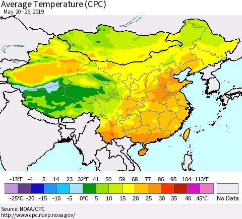 China and Taiwan Average Temperature (CPC) Thematic Map For 5/20/2019 - 5/26/2019