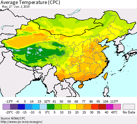 China and Taiwan Average Temperature (CPC) Thematic Map For 5/27/2019 - 6/2/2019