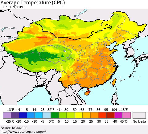 China, Mongolia and Taiwan Average Temperature (CPC) Thematic Map For 6/3/2019 - 6/9/2019