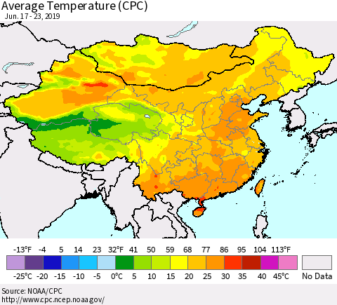 China and Taiwan Average Temperature (CPC) Thematic Map For 6/17/2019 - 6/23/2019
