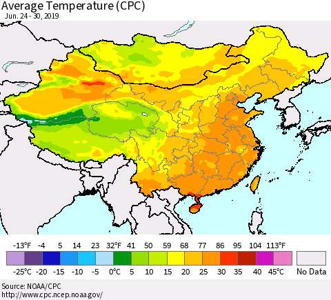 China and Taiwan Average Temperature (CPC) Thematic Map For 6/24/2019 - 6/30/2019