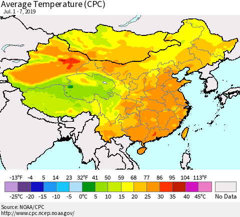 China and Taiwan Average Temperature (CPC) Thematic Map For 7/1/2019 - 7/7/2019