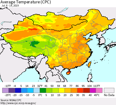 China and Taiwan Average Temperature (CPC) Thematic Map For 7/8/2019 - 7/14/2019