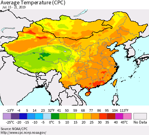China, Mongolia and Taiwan Average Temperature (CPC) Thematic Map For 7/15/2019 - 7/21/2019