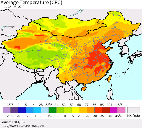 China and Taiwan Average Temperature (CPC) Thematic Map For 7/22/2019 - 7/28/2019