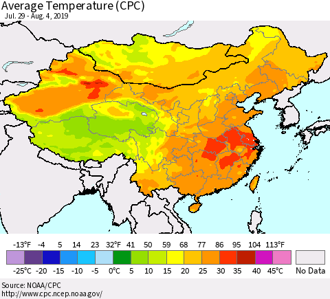 China and Taiwan Average Temperature (CPC) Thematic Map For 7/29/2019 - 8/4/2019