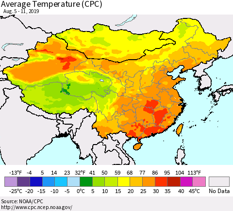 China and Taiwan Average Temperature (CPC) Thematic Map For 8/5/2019 - 8/11/2019