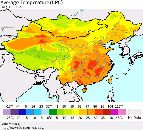 China and Taiwan Average Temperature (CPC) Thematic Map For 8/12/2019 - 8/18/2019
