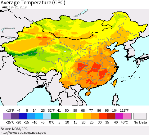 China and Taiwan Average Temperature (CPC) Thematic Map For 8/19/2019 - 8/25/2019
