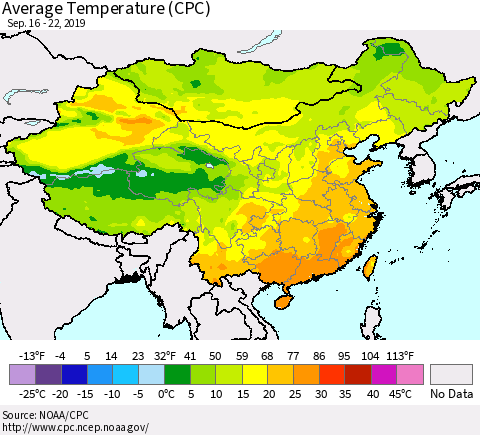 China and Taiwan Average Temperature (CPC) Thematic Map For 9/16/2019 - 9/22/2019