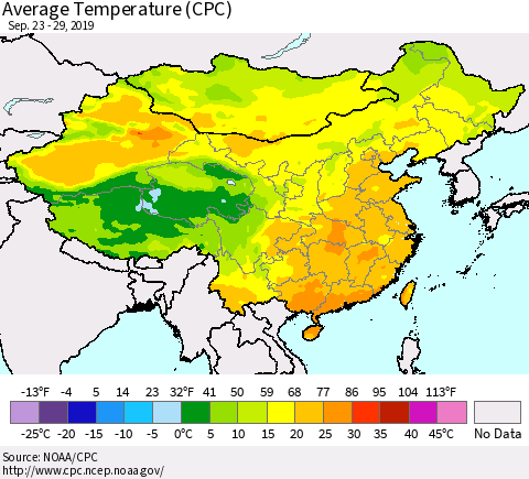 China and Taiwan Average Temperature (CPC) Thematic Map For 9/23/2019 - 9/29/2019