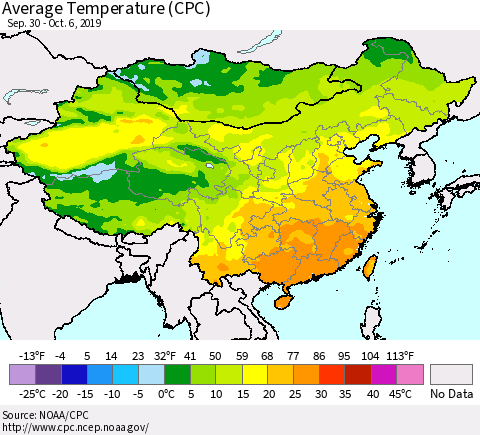 China and Taiwan Average Temperature (CPC) Thematic Map For 9/30/2019 - 10/6/2019