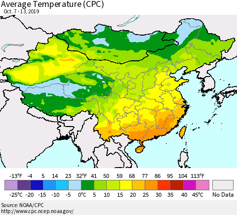 China and Taiwan Average Temperature (CPC) Thematic Map For 10/7/2019 - 10/13/2019