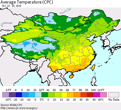 China and Taiwan Average Temperature (CPC) Thematic Map For 10/14/2019 - 10/20/2019