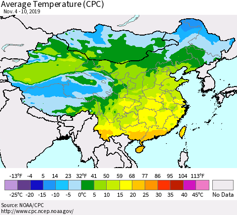 China, Mongolia and Taiwan Average Temperature (CPC) Thematic Map For 11/4/2019 - 11/10/2019