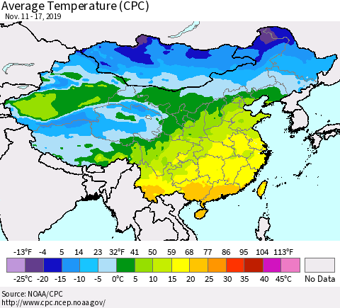 China, Mongolia and Taiwan Average Temperature (CPC) Thematic Map For 11/11/2019 - 11/17/2019
