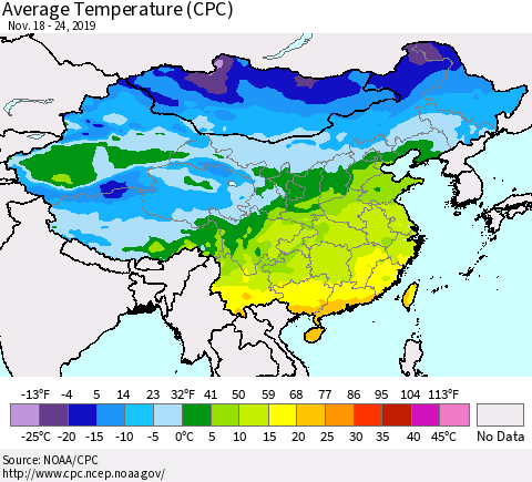 China, Mongolia and Taiwan Average Temperature (CPC) Thematic Map For 11/18/2019 - 11/24/2019