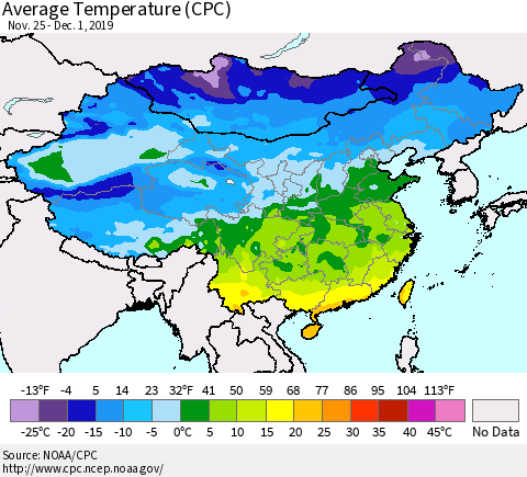 China, Mongolia and Taiwan Average Temperature (CPC) Thematic Map For 11/25/2019 - 12/1/2019