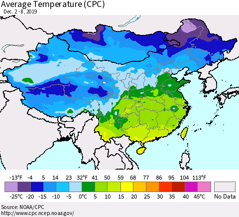China, Mongolia and Taiwan Average Temperature (CPC) Thematic Map For 12/2/2019 - 12/8/2019