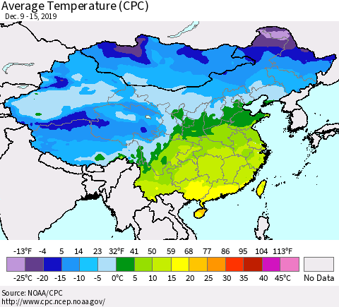 China, Mongolia and Taiwan Average Temperature (CPC) Thematic Map For 12/9/2019 - 12/15/2019