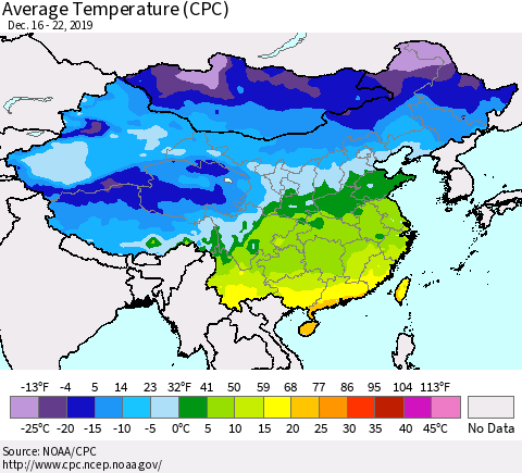 China, Mongolia and Taiwan Average Temperature (CPC) Thematic Map For 12/16/2019 - 12/22/2019