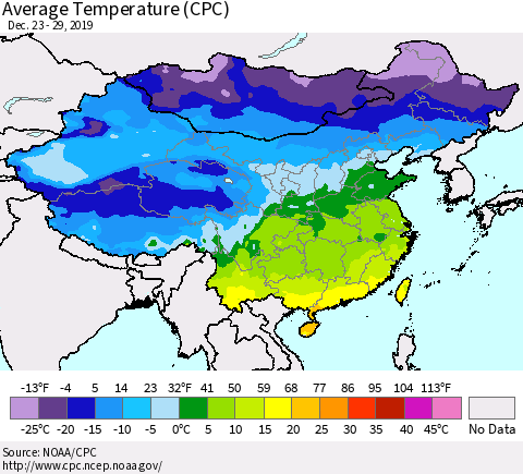 China, Mongolia and Taiwan Average Temperature (CPC) Thematic Map For 12/23/2019 - 12/29/2019