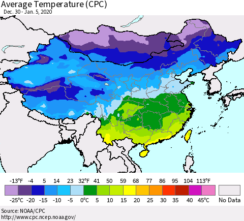 China, Mongolia and Taiwan Average Temperature (CPC) Thematic Map For 12/30/2019 - 1/5/2020