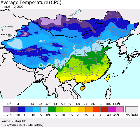 China, Mongolia and Taiwan Average Temperature (CPC) Thematic Map For 1/6/2020 - 1/12/2020