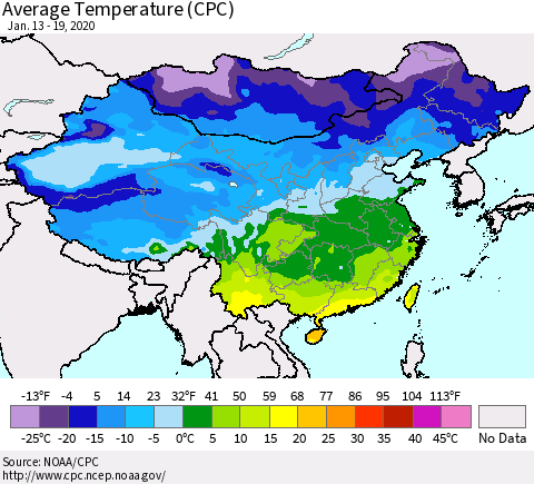 China, Mongolia and Taiwan Average Temperature (CPC) Thematic Map For 1/13/2020 - 1/19/2020