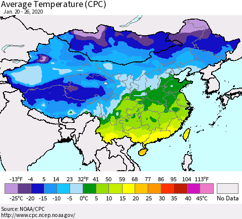 China, Mongolia and Taiwan Average Temperature (CPC) Thematic Map For 1/20/2020 - 1/26/2020