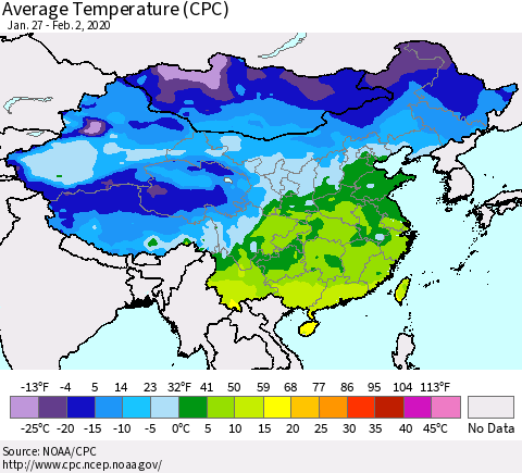China, Mongolia and Taiwan Average Temperature (CPC) Thematic Map For 1/27/2020 - 2/2/2020