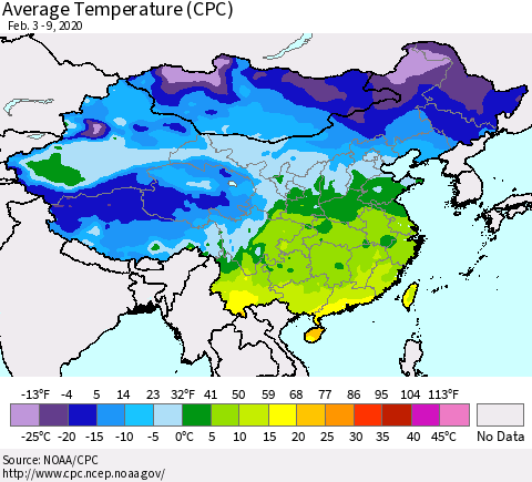 China, Mongolia and Taiwan Average Temperature (CPC) Thematic Map For 2/3/2020 - 2/9/2020