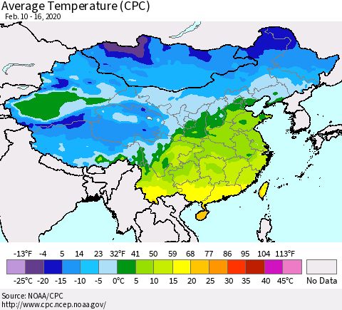 China, Mongolia and Taiwan Average Temperature (CPC) Thematic Map For 2/10/2020 - 2/16/2020