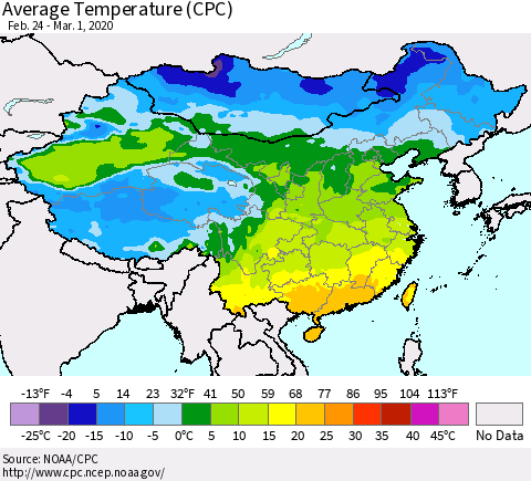China, Mongolia and Taiwan Average Temperature (CPC) Thematic Map For 2/24/2020 - 3/1/2020