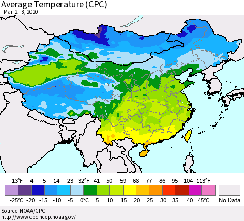 China, Mongolia and Taiwan Average Temperature (CPC) Thematic Map For 3/2/2020 - 3/8/2020