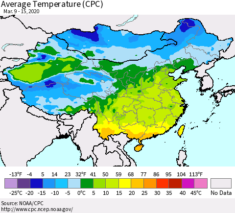China, Mongolia and Taiwan Average Temperature (CPC) Thematic Map For 3/9/2020 - 3/15/2020