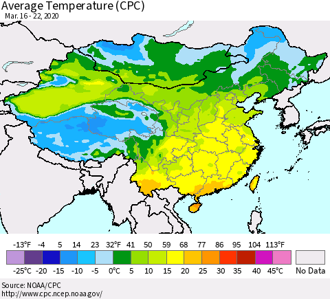China, Mongolia and Taiwan Average Temperature (CPC) Thematic Map For 3/16/2020 - 3/22/2020