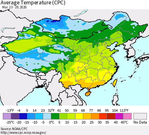 China, Mongolia and Taiwan Average Temperature (CPC) Thematic Map For 3/23/2020 - 3/29/2020