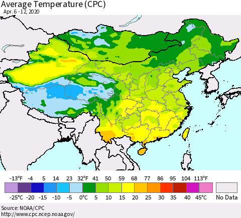 China, Mongolia and Taiwan Average Temperature (CPC) Thematic Map For 4/6/2020 - 4/12/2020